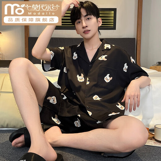 莫代尔2025新款睡衣男士夏季天薄款冰丝短袖凉感丝i绸卡通家居服套装 G844 L (建议165~170高，100~130斤重