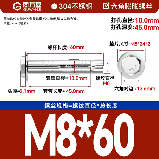 GUWANJI cone hat type expansion bolt, external hexagonal internal expansion screw explosion, built-in tube expansion and explosion, 304 stainless steel M8x60 20 pcs/pack