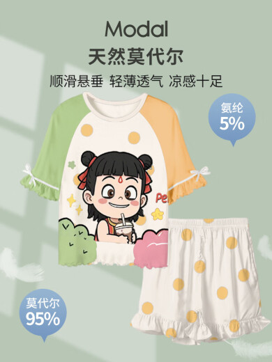 莫代尔儿童夏季套装女童短袖短裤哪咤小女孩睡衣薄款空调服公主风 ST12532那扎蓝【凉感莫代尔】 110 cm/8码【身高100-110cm】