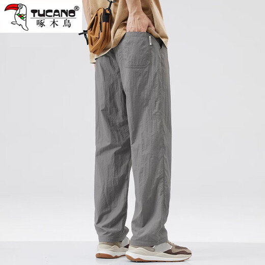 Woodpecker casual pants for men 2025 summer new ice silk loose straight trousers for men trendy versatile wide-leg pants for men 733 gray XL recommended 130-150Jin [Jin equals 0.5 kg]