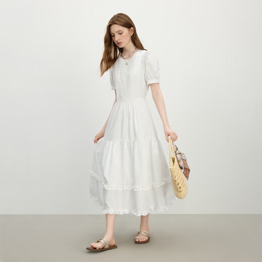 范思蓝恩法式镂空蕾丝白色蛋糕裙女2025夏新款木耳边公主裙2752 白色 S