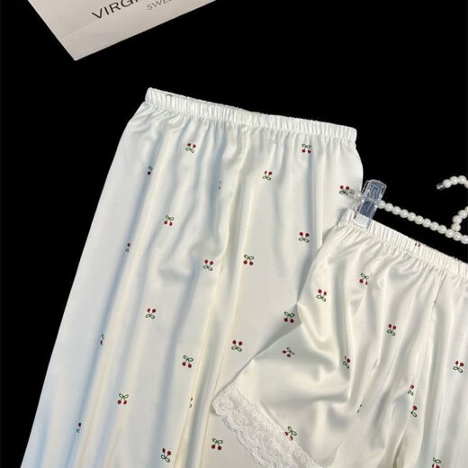 ZIPJBXins Small Cherry Lace-edged Ice Silk Pajamas for Women in Summer Three-Piece Short Sleeve Shorts Pants Home Clothing Thin LW-9207 [Short Sleeve Shorts] M [Suggested 80-100Jin [Jin equals 0.5 kg]]