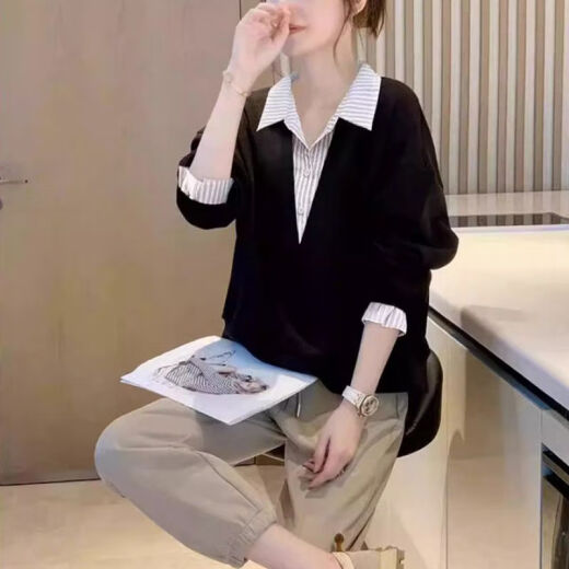 荣西图（RONGXITU）拼接设计感时尚衬衫春秋百搭洋气上衣 黑色(2677#) M (【建议100斤以内】)