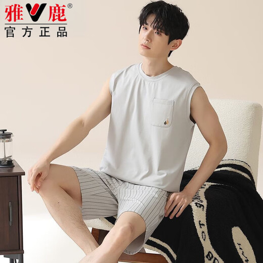 雅鹿睡衣男士夏季纯棉新款背心短裤休闲运动家居服套装大码无袖夏天 OMM-13063 L (100-125斤)