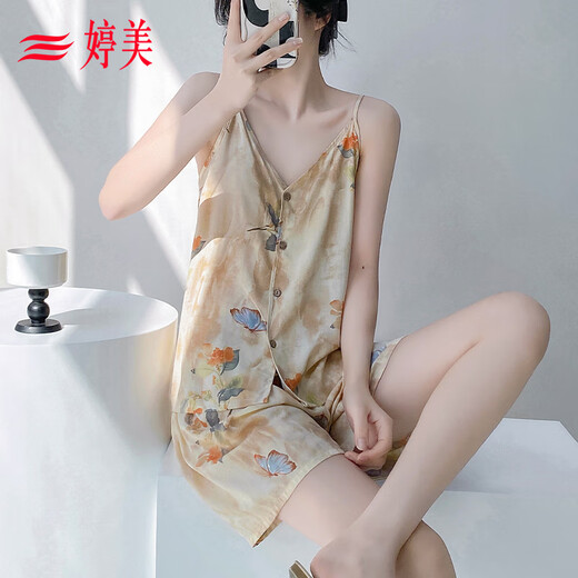 
Tingmei summer cotton silk pajamas ladies temperament high-end thin suspender suit fashionable beach travel vacation can be worn outside