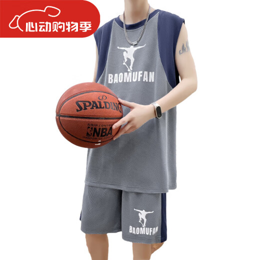 乾裳韩版牛无袖t恤男孩12-15岁初高中学生篮球服套装13大童运 6636浅灰(背心+短裤)_品质保证 M _80-100斤左右