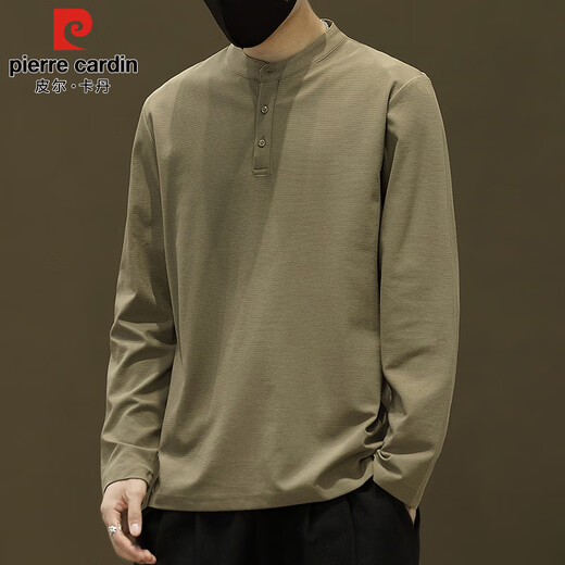 Pierre Cardin long-sleeved T-shirt men's autumn retro trend Henry collar high-end sweatshirt bottoming shirt men's khaki 2XL