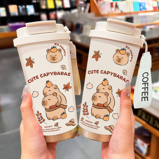 Yonghuan thermos grande capacité étudiant portable double consommation de café à boire tasse nouveaux hommes et femmes paille d'eau tasse blanche - bxab13561 capybara + avec acier inoxydable longe