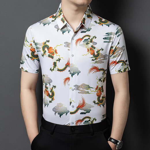 Uston Paul Short à manches manches masculines Été Nouveau chasure à grande taille décontractée de grande taille Silk Silk Screaming Fashion Floral Free Iron Top Men 6630 Gray L Recommandé 120-135Jin [Jin est égal à 0,5 kg]