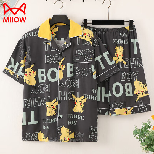 Catman (MiiOW) summer short-sleeved thin cotton pajamas men's home clothing set summer cartoon print Korean version handsome young man 3271 short-sleeved cover M (70-100Jin [Jin equals 0.5 kg])
