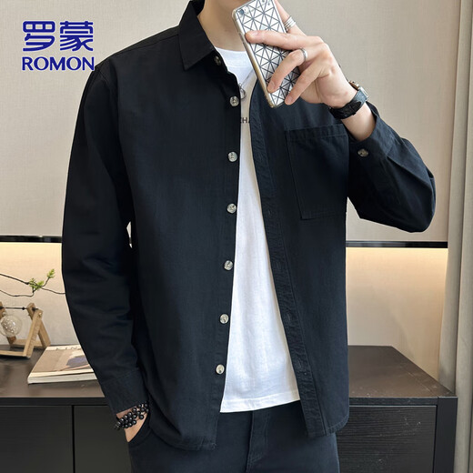 ROMON long-sleeved shirt men's autumn and winter trendy casual loose shirt trendy jacket men's black L