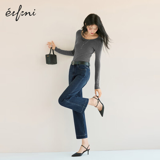 Eifli (Eifini) Eifli Frauen universeller elastischer Denim -Stoff beliebte Upgrade mit Breitfuß -Design Zigarettenhose 2025 Herbst neuer Stil Dunkelblau S