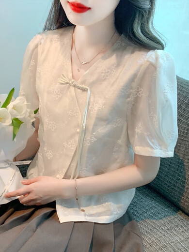拉夏贝尔（La Chapelle）新中式国风盘扣上衣女士衬衫2025新款别致漂亮小衫夏季短袖雪纺衫 杏色 S [80-95斤]