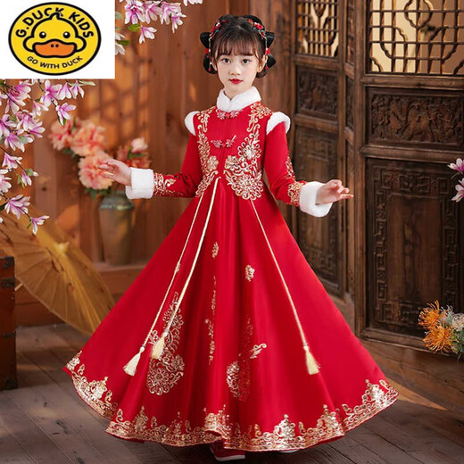 G.Duckkids Brand Girls Herbst- und Winterkleider Neujahr Neujahrswinterwinterstil 2024 Neuer Kinderrock Winter Hanfu Anbetung 9855 Red 110 cm