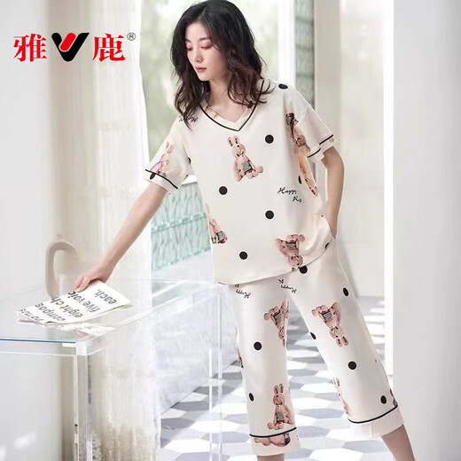 雅鹿新款睡衣女2025夏季纯棉短袖七分裤薄款可外穿卡通家居服套装 七分裤679巴比熊套装D M 女75-95斤左右
