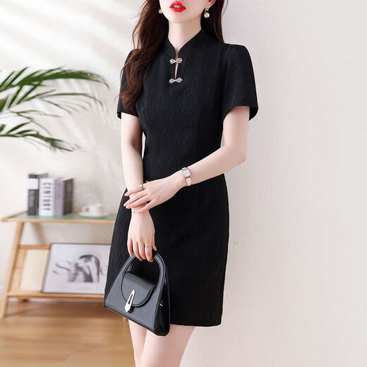 Alleyshe Tongxiang Fali New Chinese Style 2025 Summer New Large Size Small Chinese Style Cheongsam Skirt Fashionable Fatty Feeling Slimming 9759 Black New Chinese Style High Quality XL 110-120Jin[Jin equals 0.5 kg]