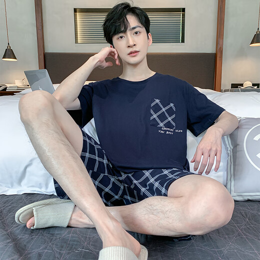 Kangduomi Men's Pyjamas Summer Cotton Pure Coton Men à manches courtes Coton Pure Coton Summer Loose Fin Two-Pack Teenager Cartoon Home H9928 (Shorts à manches courtes) L (recommandé 100-120 Jin [Jin est égal à 0,5 kg]))