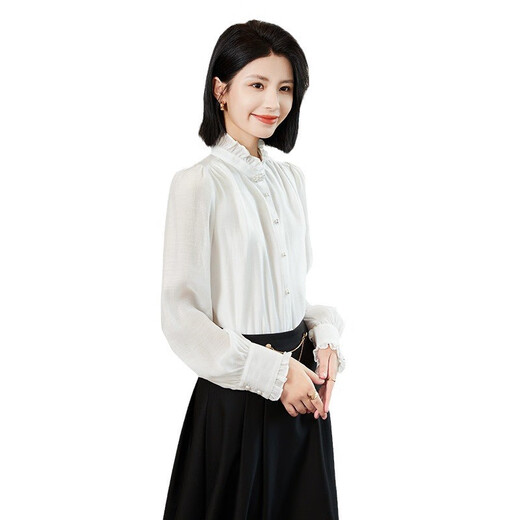xcfreht秋季新款时尚立领黑色衬衫女正装宽松法式木耳边职业装女士衬衣 1098黑色半裙 S