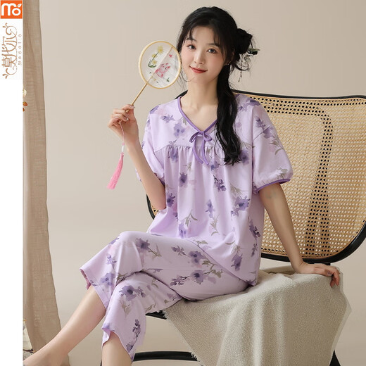 莫代尔睡衣女夏季2025年新款短袖套装新中式国风棉七分裤薄款可外穿家居 LZY9902 M (建议75-95斤)