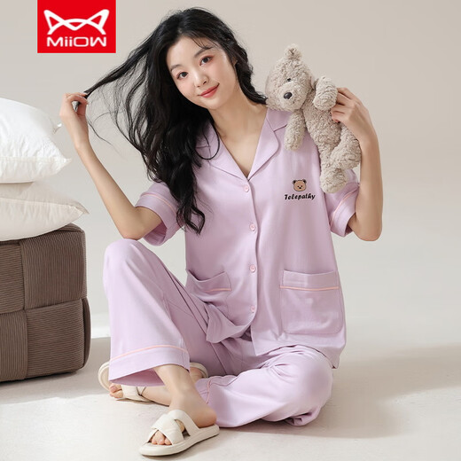 MiiOW pure cotton pajamas for women spring and summer short-sleeved trousers cardigan Korean style cute collar summer home wear pure cotton suit YSH-9734# cardigan L size-120Jin Jin is equal to 0.5 kg