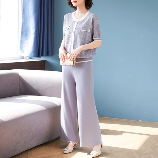 Echte 50-jährige Outfit-Anzug von 50 Jahren kleiner Sommer 2025 Neuer Mutter für Mutter im mittleren Alter, modische Kurzärmel-Eisseide 9923 Marine Blue M (Empfohlen 85-105jin [Jin gleich 0,5 kg]) gleich groß