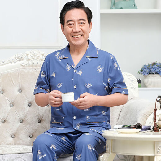 猫人 MiiOW睡衣男纯棉薄款短袖家居服套装老年爸爸男士睡衣夏季格子 短袖3937#图片色 XL 建议120-140斤