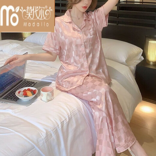 Modal Ice Seide Pyjamas für Frauen im Frühling und Herbst zweiteilig dünne Sommer-Heimkleidung mit 829-weißer Plaid [Langarmhose] M [80-100jin [Jin ist gleich 0,5 kg]]]