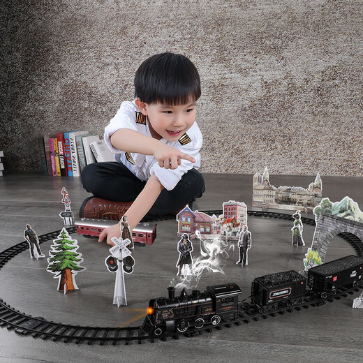 HKDA Steam Retro Electric Train Track Locomotive Set Boys Car Model Children's Toys 2025 Set (Regular Edition) Black Basic Edition + With 3 Cars
