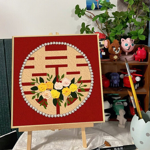 新婚结婚礼物喜字肌理画石英砂数字油画diy手工玫瑰装饰挂画 qx10975肌理画 40*40cm加厚实木内框