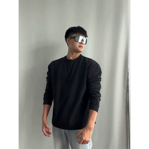 POUMcleanfit Henry Neck Long Sleeve T-shirt Men's Spring and Autumn Summer New Sweater Waffle American Base Shirt T-shirt CQS-1381 Black Fleece M