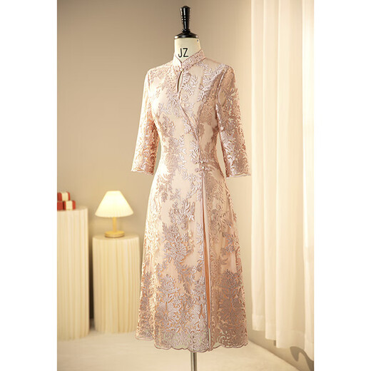 Weixuan bride wedding mother's wear high-end dress new Chinese style cheongsam high-end wedding banquet wedding mother-in-law dress champagne 2XL