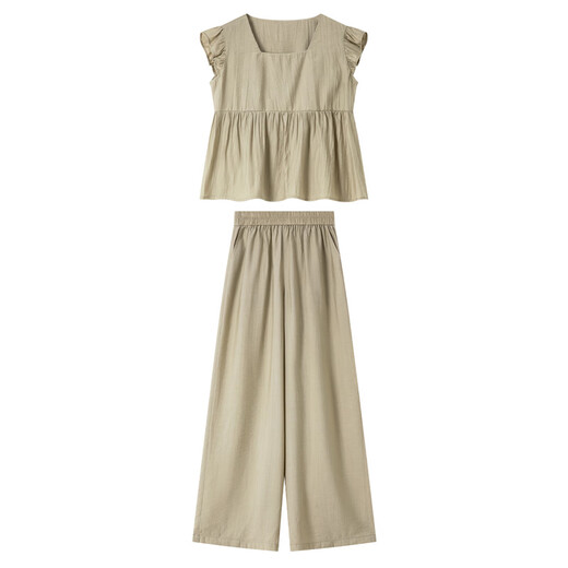 
Vanciman temperament casual flying sleeve top wide-leg pants suit for women 2025 summer new style free matching set M9901 khaki S