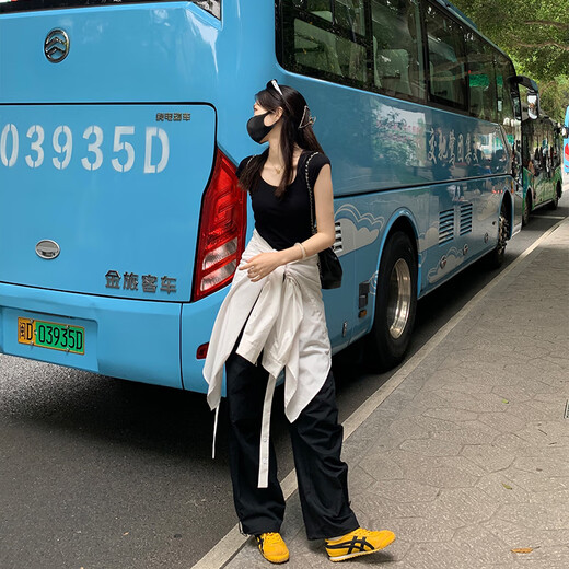 菲洛曼伞兵裤女黑色降落伞美式工装裤女夏季新款百搭薄款休闲裤阔腿抽绳 6630藏蓝色 XS 均码