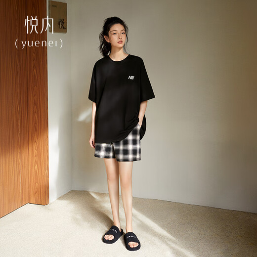 Yuenei Couple Pajamas Ladies with Breast Pad Summer Summer Pure Cotton Short Sleeve Shorts Home Clothes Men's Plaid Fashion Casual 33140 Casual Black-Men's XL (Male 140-160 Jin Jin equals 0.5 kg / Female 120-140 Jin Jin equals 0.5 kg)