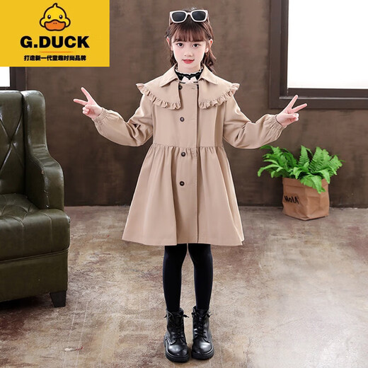 G.Duckkids Girls 'Wursbreaker Spring и осень 2024 г. Новая корейская версия детской средней горы детского листа Lotus Lotus Lotus Midge Maden Litshing's Fashion Kkeepable Khaki Ruffle Trench Poat 150 см.