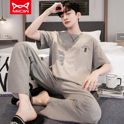 Catman Miiow Pure Cotton Pyjamas Herren Sommer kurzärmelige Hosen Jährlich-auf-Sommer-Dünne Baumwolle Largesize Casusize-Home-Kleidungsstückset YS9201 L Geeignet für -120jin [Jin gleich 0,5 kg] Verschleiß