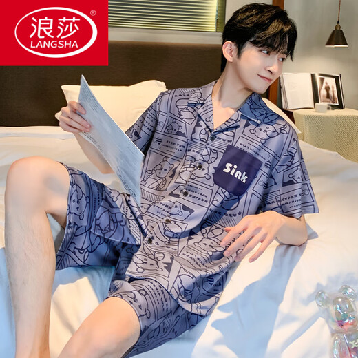 LangSha (LangSha) ice silk pajamas men's summer short-sleeved pants thin young boys summer men's home clothing 2025 new suit G723 M Recommended height 165, weight 90-110