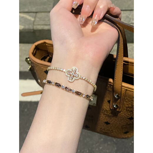 QUAMER super flash lucky four-leaf clover zircon bracelet women's light luxury flower ins stacking bracelet small four-leaf flower bracelet