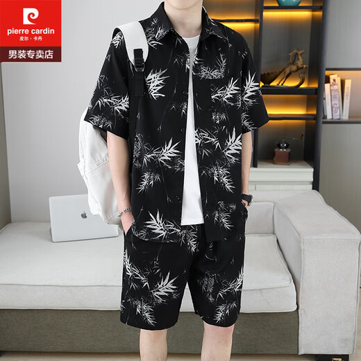 皮尔卡丹（pierre cardin）痞帅衬衣一套男夏季冰丝套装高级感花衬衫短袖短裤沙滩两件套搭配 679白色套装 M 110斤以内