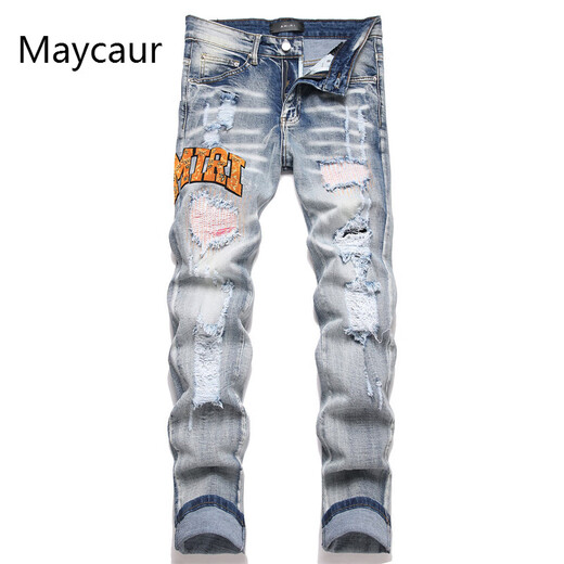 Maycaur Модный европейский и американский уличный стиль Amiri Fashion Slim Elim Elastic Straight вышитые разорванные мужские джинсы S3892# 30
