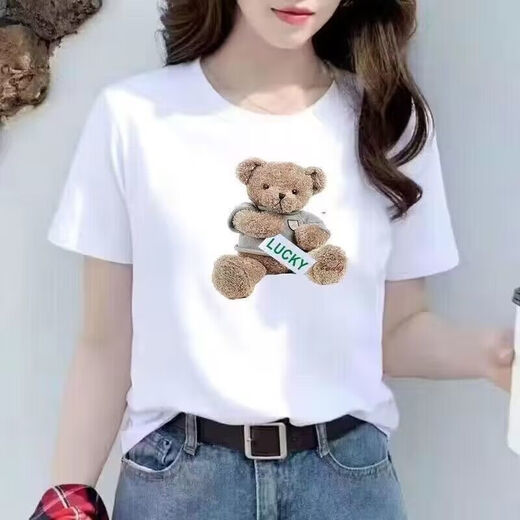 
New Women's T-shirt Short-sleeved Loose Large Size Student Round Neck Print White Women's Slim Top Short-sleeved T-shirt 1047 M 85-95