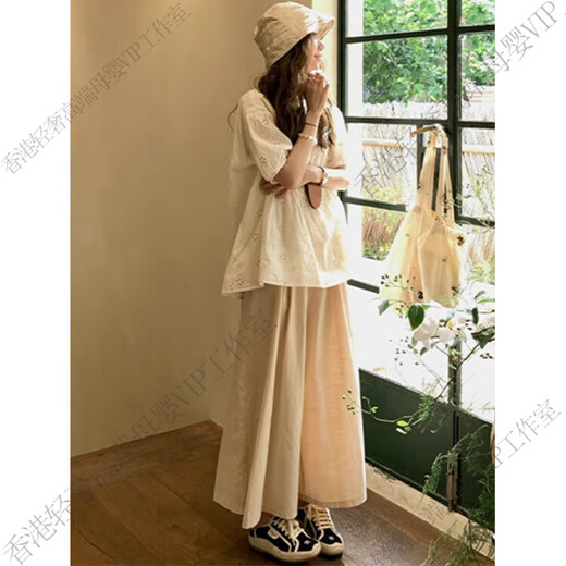 GUYN Maternal Women Summer Suit Two-Piece Cotton Hollow Shirt Top Summer Thin Fashionable and Casual Lazy Style Apricot Top + Khaki Wide Leg Pants M