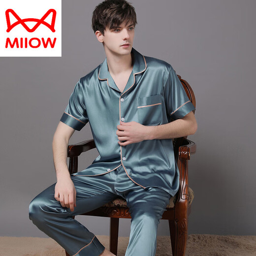 猫人（MiiOW）真丝睡衣男士2025年新款夏季薄款短袖长裤丝绸感大码套装 白色6223 3XL (180-210斤)