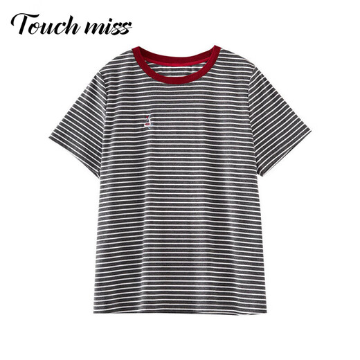 塔驰密司 TOUCH MISS高端时尚减龄短袖T恤女夏装新款圆领绣花条纹正肩显瘦上衣女 灰白条 L