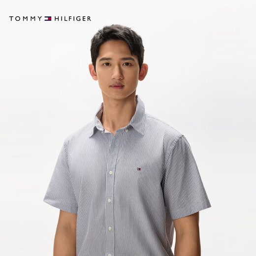 TOMMY HILFIGER【轻薄感】25新款夏季男牛津纺休闲条纹亚洲版短袖衬衫39191 灰白条纹0A4 XL （推荐：165-180斤）