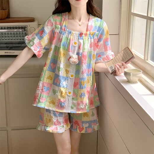 西忘2025新款睡衣女款夏季云朵棉带胸垫短袖甜美爱心可外穿家居服套装 9903-4 爱心 可拆卸胸垫 M