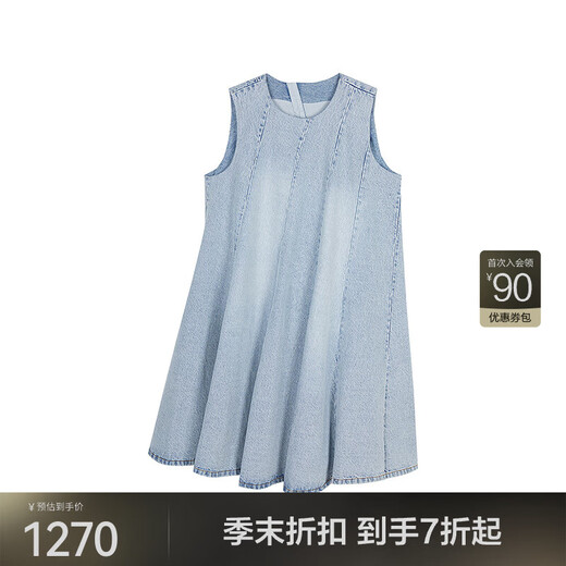 JNBY/江南布衣25夏新品牛仔连衣裙无袖圆领棉质风吹百褶5P4G11150 958/牛仔浅蓝 M