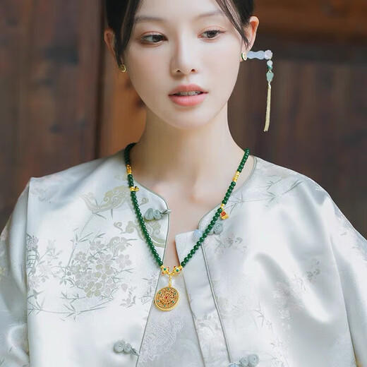 BMOI Old Phoenix 999 Gold Pure Gold Necklace Sweater Chain Green Agate Eight Treasures Compass Pendant Necklace Women's Time Comes to Turn