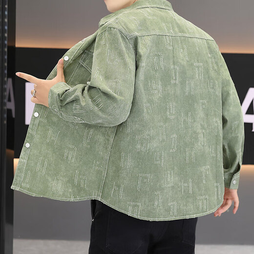 Pure cotton denim shirt men's long-sleeved casual workwear trendy thin lapel jacket men's shirt handsome spring and autumn CS012 green M