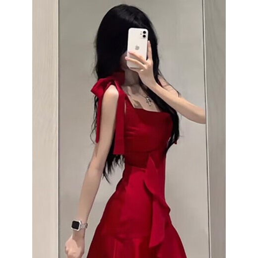
Qu Chen red dress skirt dress pure toast dress sexy dress summer dress suspender skirt red high-end retro short skirt M [Suggested 90-105 Jin [Jin equals 0.5 kg]]